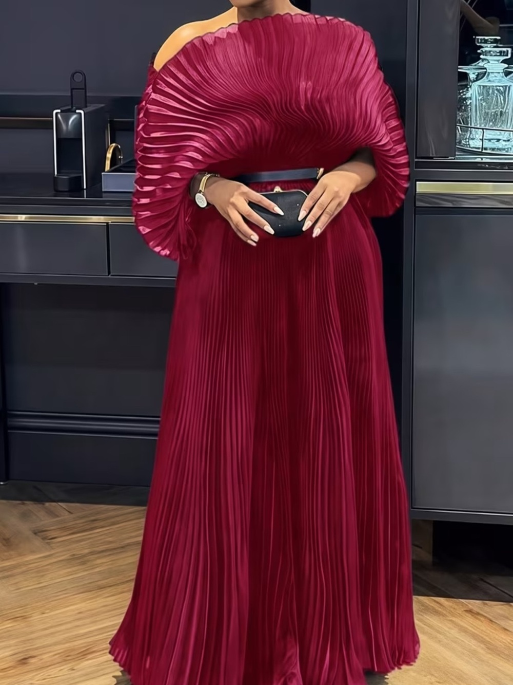 Mustard Gold Pleated Batwing Sleeve Maxi Dress | Elegant Statement Gown | One - Picture 4 of 11
